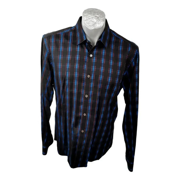 Bugatchi Umo Mens Shirt Size M Blue Black Burgundy Check - Picture 1 of 6